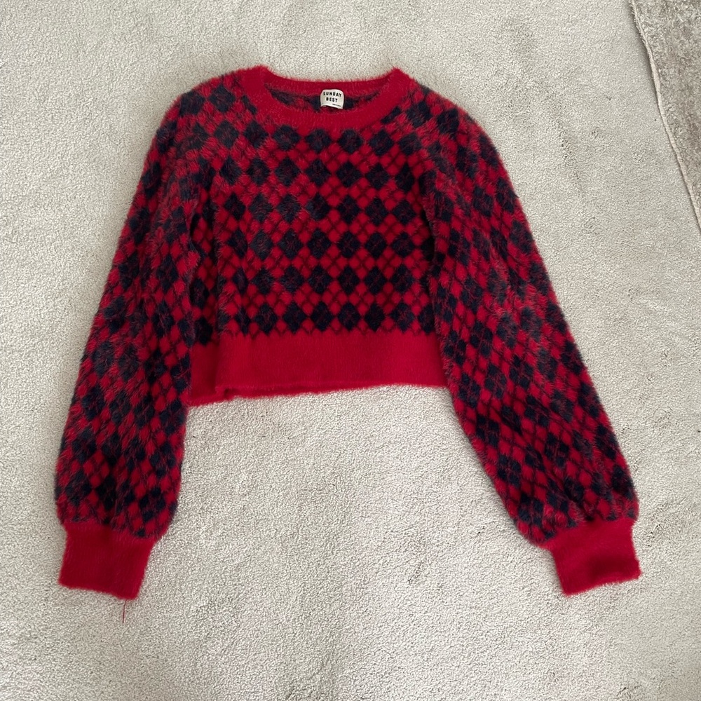 ARITZIA SUNDAY BEST KITTEN RED ARGYLE SWEATER